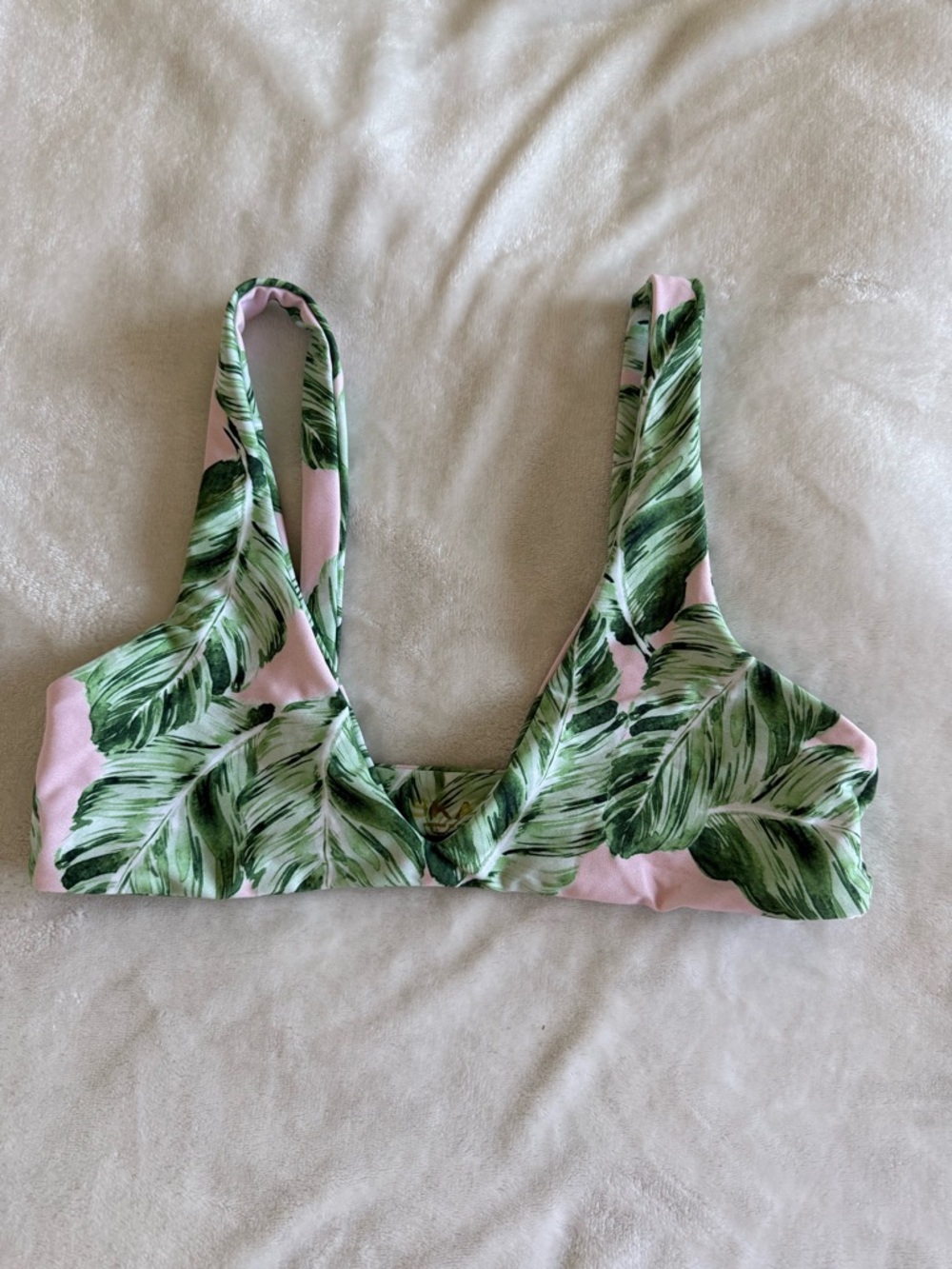 Skatie Pink Bikini Top with Green Leaf Print